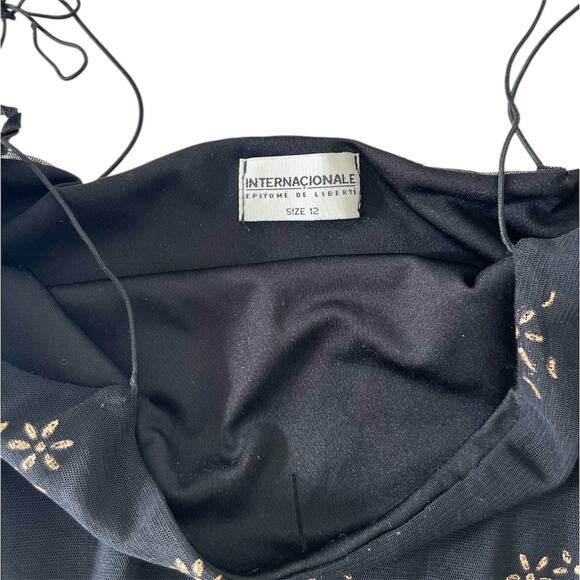 Vintage Party asymmetrical dress with golden floral details, tie straps, sheer - Picture 7 of 8